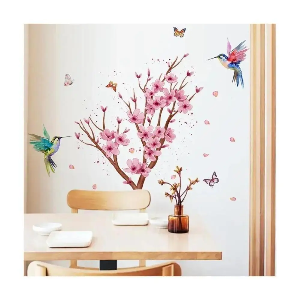 Peach Blossom Branch Bird Butterfly Wall Stickers Bedroom Living Room Background Self-Adhesive Wallpaper Fashion Home Decoration