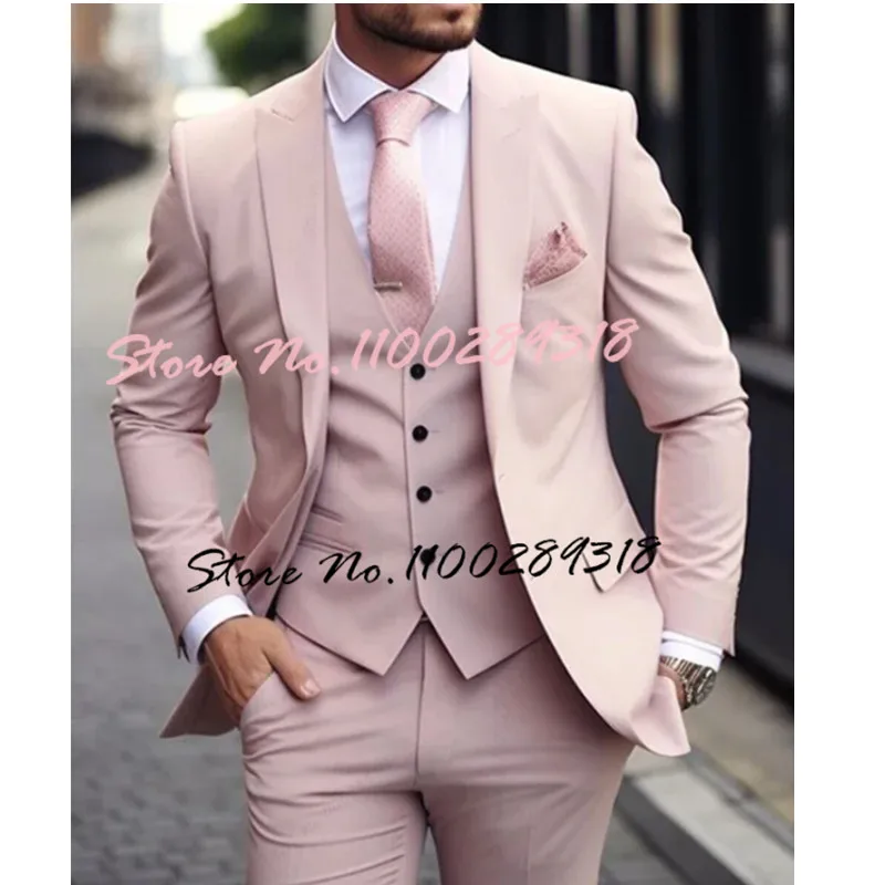 Pink Luxury Men\'s Suits Terno Formal Outfits 3 Piece Jacket Pants With Vest Slim Fit Luxury Costume Homme Formal Occasion Terno