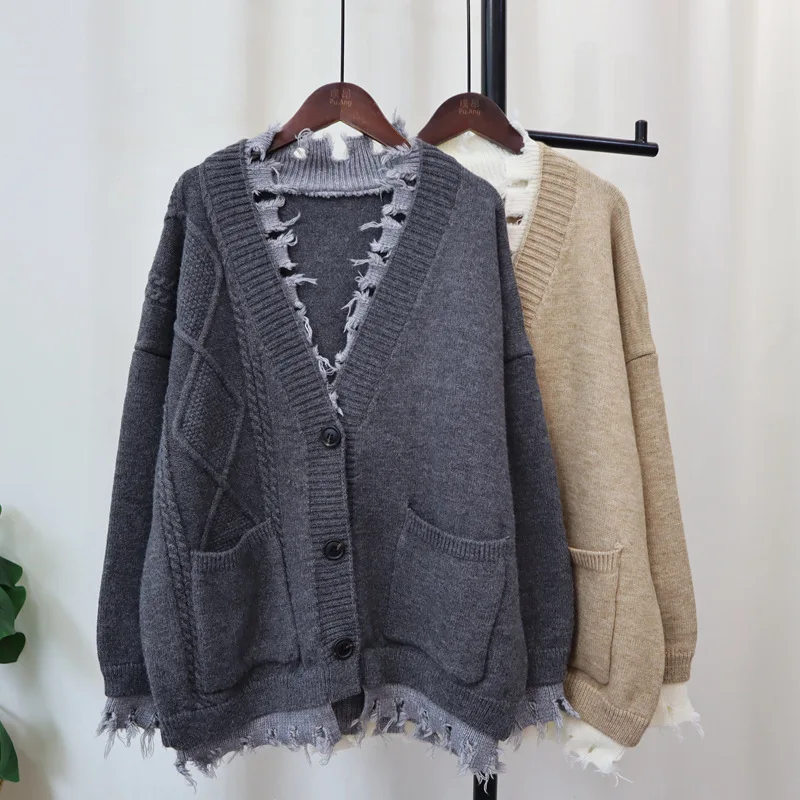 WTHT Trendy Control Color Splic Hole Plush Edge Fake Two-piece Knit Cardigan Fowl Women 2024 Autumn V-neck Sweater Female 1LS310