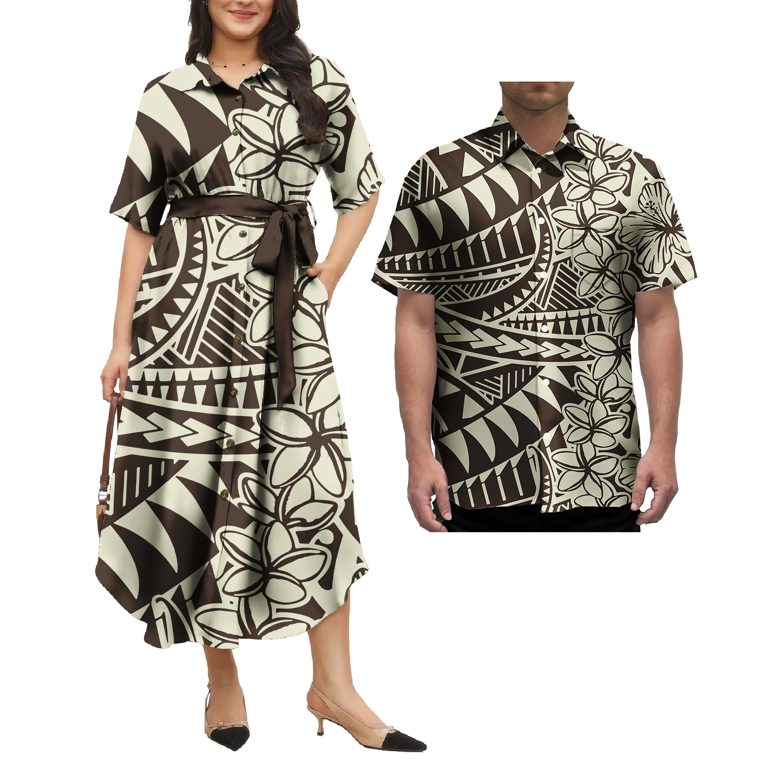 Tapa Polynesian Tribal Design Strandkleid Passende Herren Hawaiihemden Traditionelle Kleidung Langes Kleid Paarkleidung 2tlg