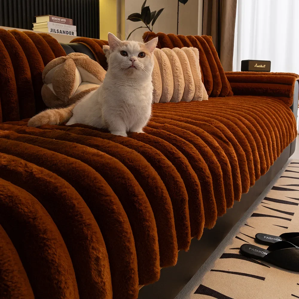 Solid Color Anti-slip Sofa Mat Fashion Plush L Shape All-inclusive Corner Seat Cover Winter Warm Couch Cushion Towel Living Room