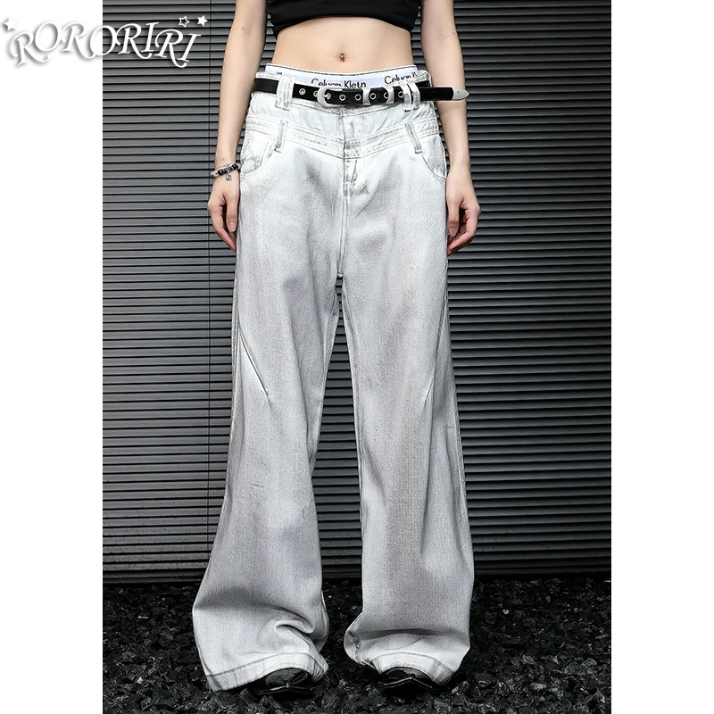 RORORIRI Women Dirty Wash Baggy Jeans Gray Distressed Plus Size Pintuck High Waist Wide Leg Denim Pants Y2k Vintage Streetwear