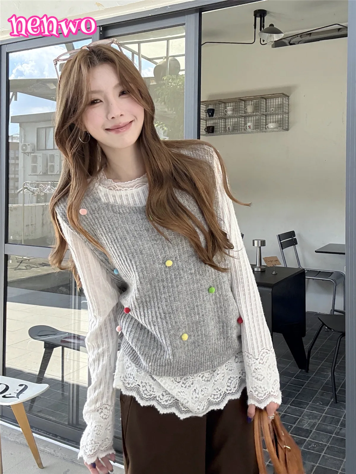 الحلو محبوك الكورية نمط الطبقات محبوك سترة الموضة الملونة الكرة + الدانتيل قاعدة قميص تي شيرت الخريف الشتاء وصول جديد