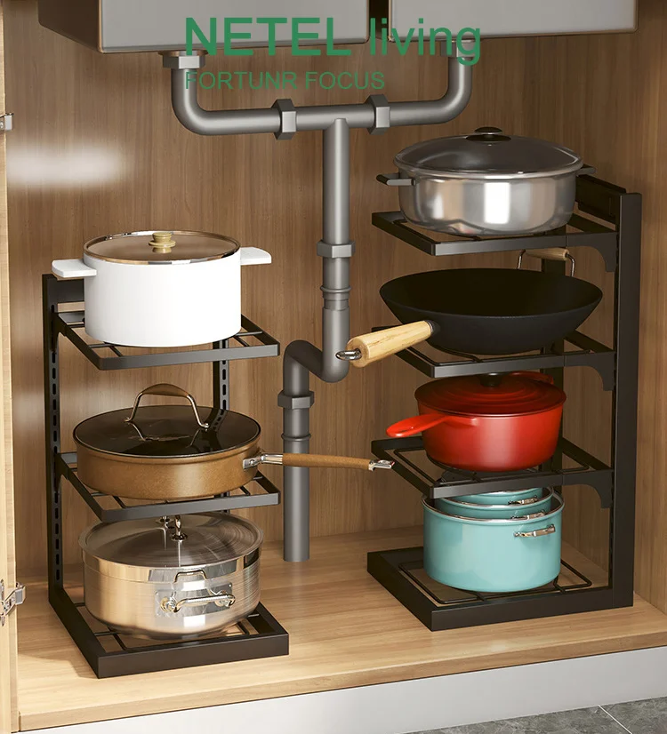 

NETEL Kitchen Stove Pot Rack Household mMulti-layer Countertop Corner Under the Sink Storage Shelf with Height Adjustable