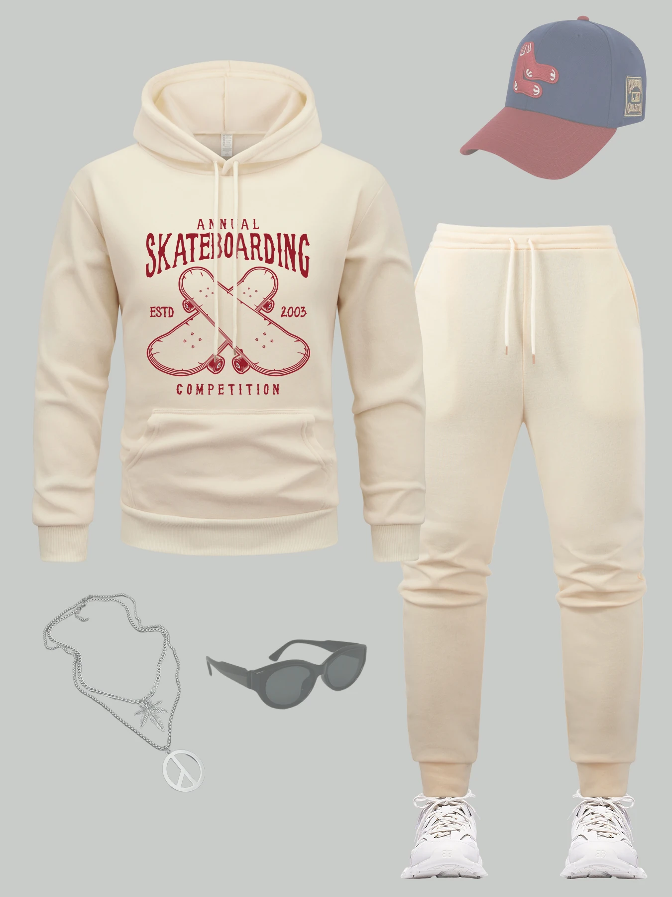 

Skateboarding Competition Print Mens Hoodie Set Street Casual Tracksuit Suit All-Match Loose Sweatpants Fleece Comfy Pants