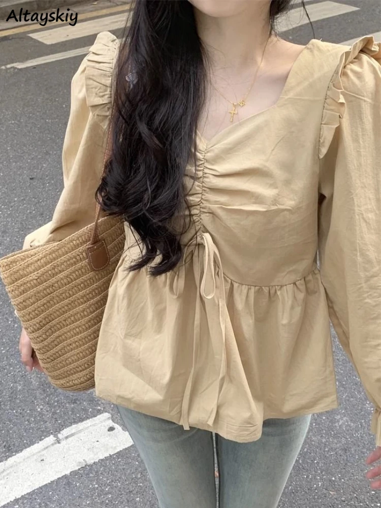 

Solid Blouse Women Preppy Long Sleeve Ruffles Lace-up Loose Spring Korean Style All-match Design Sweet Daily Blusas Femininas