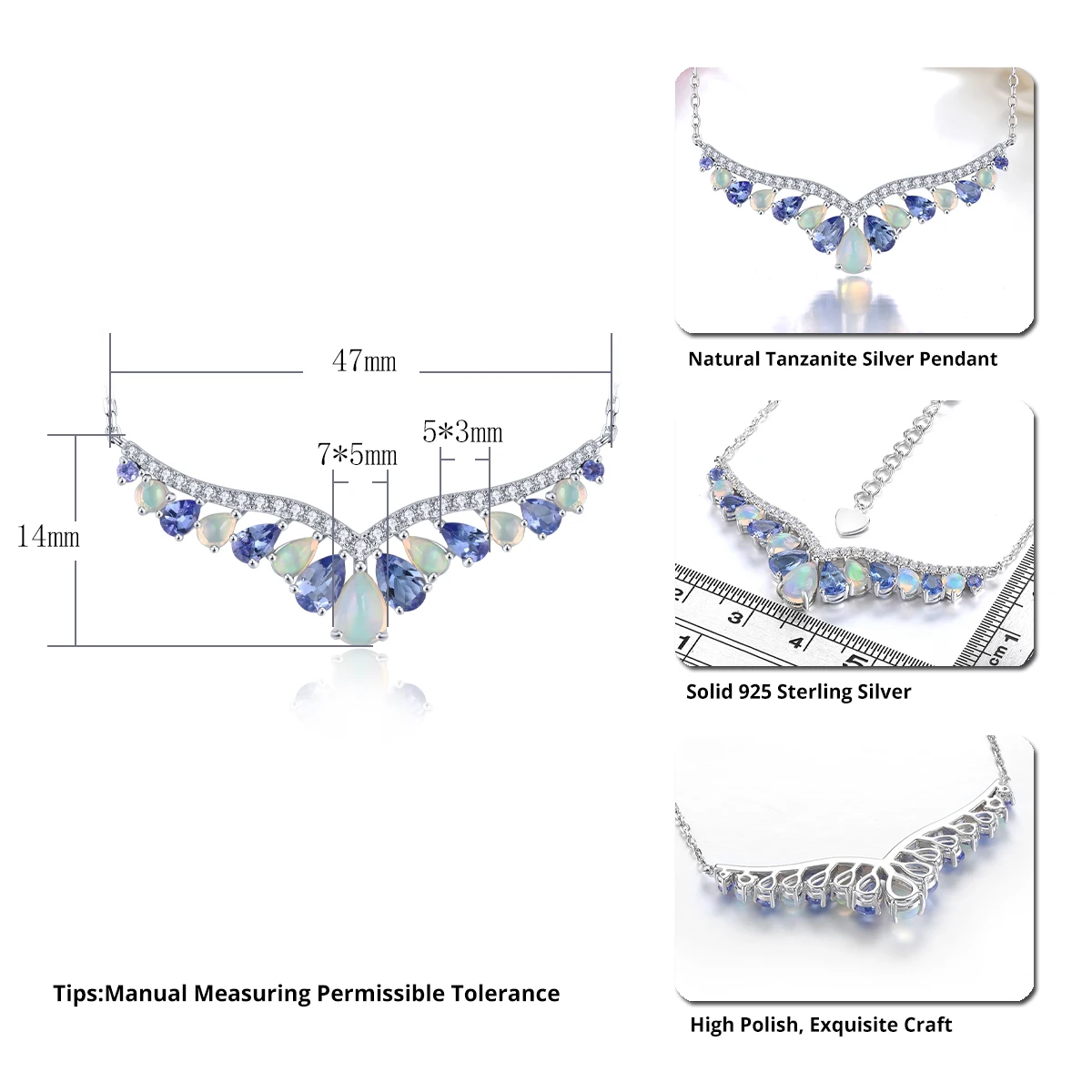 Natural Tanzanite Opal Sterling Silver Pendants 2.6 Carats Genuine Gemstone Necklace Design S925 Rhodium Plated