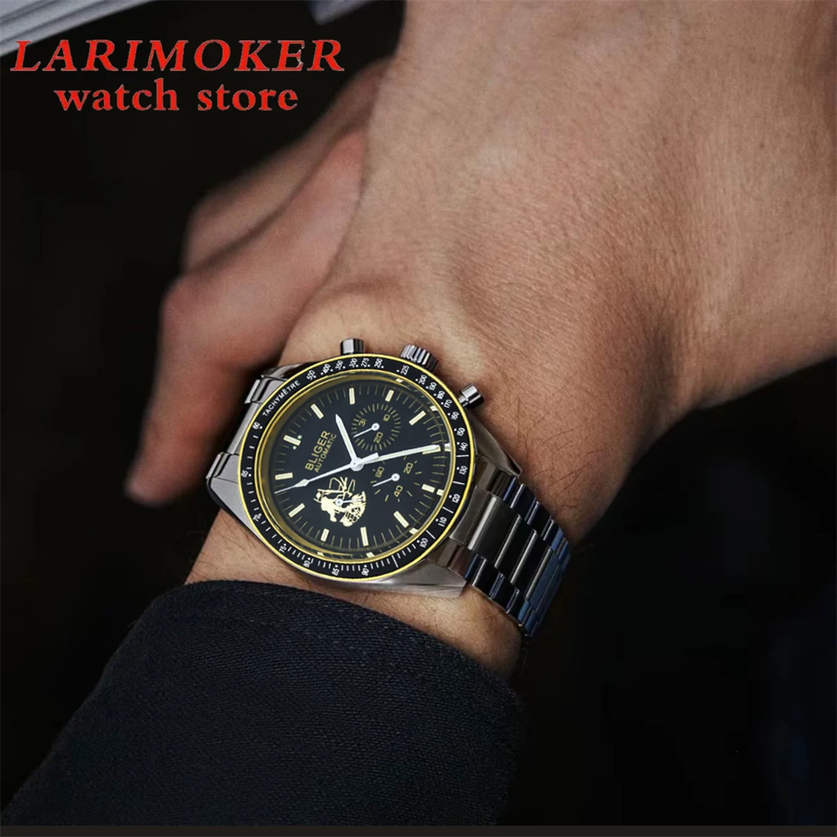 BLIGER40mm 기계식 자동 시계 표시 돔 유리 스틸 팔찌 남성용, 10ATM 방수 기계식 시계