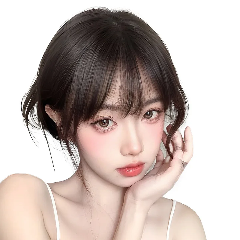 人間の前髪ウィッグピース女性トップヘア交換ふわふわ偽前髪人毛カバー白髪フレンチストレート前髪