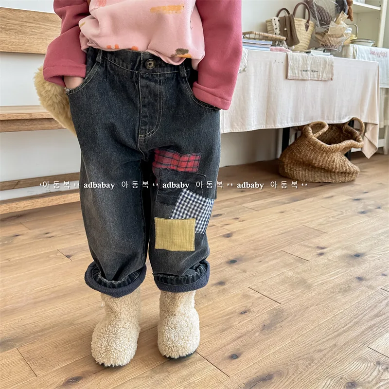 2023 Korean Winter New Children's Fashion Jeans Girl Trousers Child Boys Trousers Kids Denim Pants 1 To 7 Year Old Baby Clothing