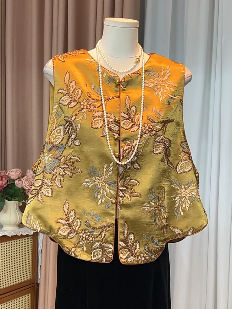

New Chinese Sle Heavy Embroidery Floral Women's round Ne Open Cardigan oulder Top High-End Feeling Vest Spring 2026