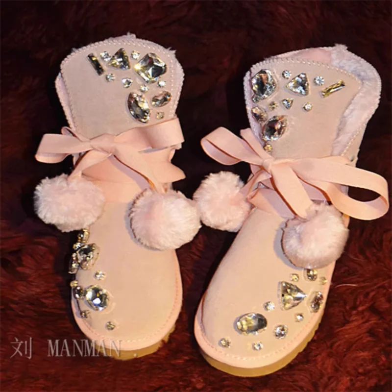 

Hand-customized luxury rhine-diamond midtube lace-up hairball fur one large size snow boots women's warm cotton shoes 35-44