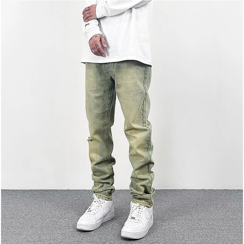 High Street Washed Hole Frayed Yellow Mud Jeans Men's Harajuku Retro Straight Pockets Solid Color Baggy Casual Denim Trousers