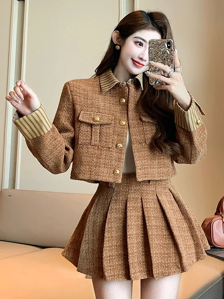 New High Quality Women Spring Autumn Tweed Two Piece Sets Lady Fashion Elegant Slim Short Jacket Coat + Pleated Skirt Suits