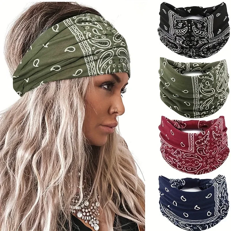 Headband Bohemian Cashew Yoga Workout Headband Anti Sweat and Moisture Absorbing Elastic Cotton Headband Knotted Headscarf