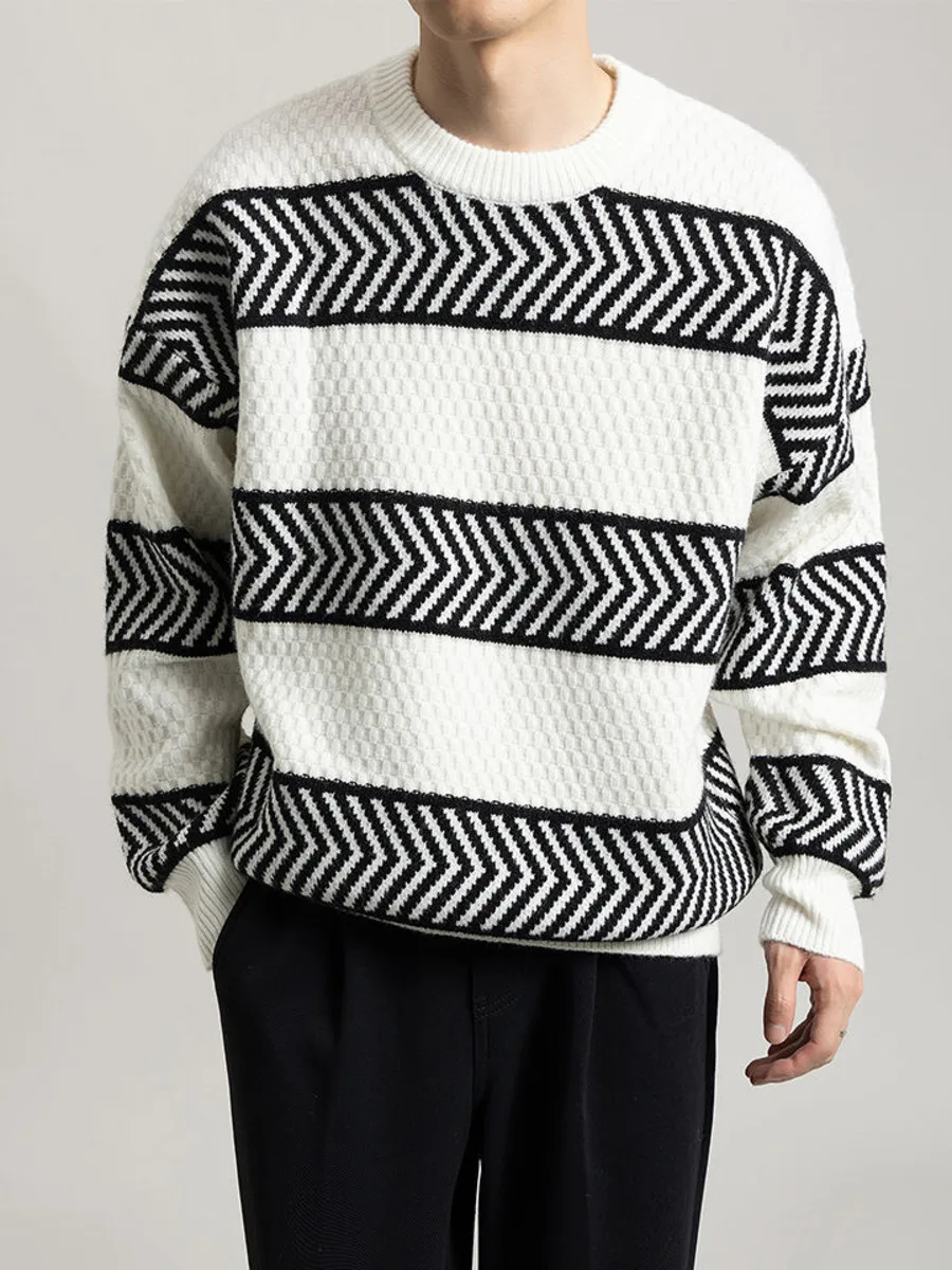 Casual Loose Stripes Pullover Sweater Contrasting Colors Knit Men's Autumn Winter Knitwear Bottom Tops Loose Knitted Clothing