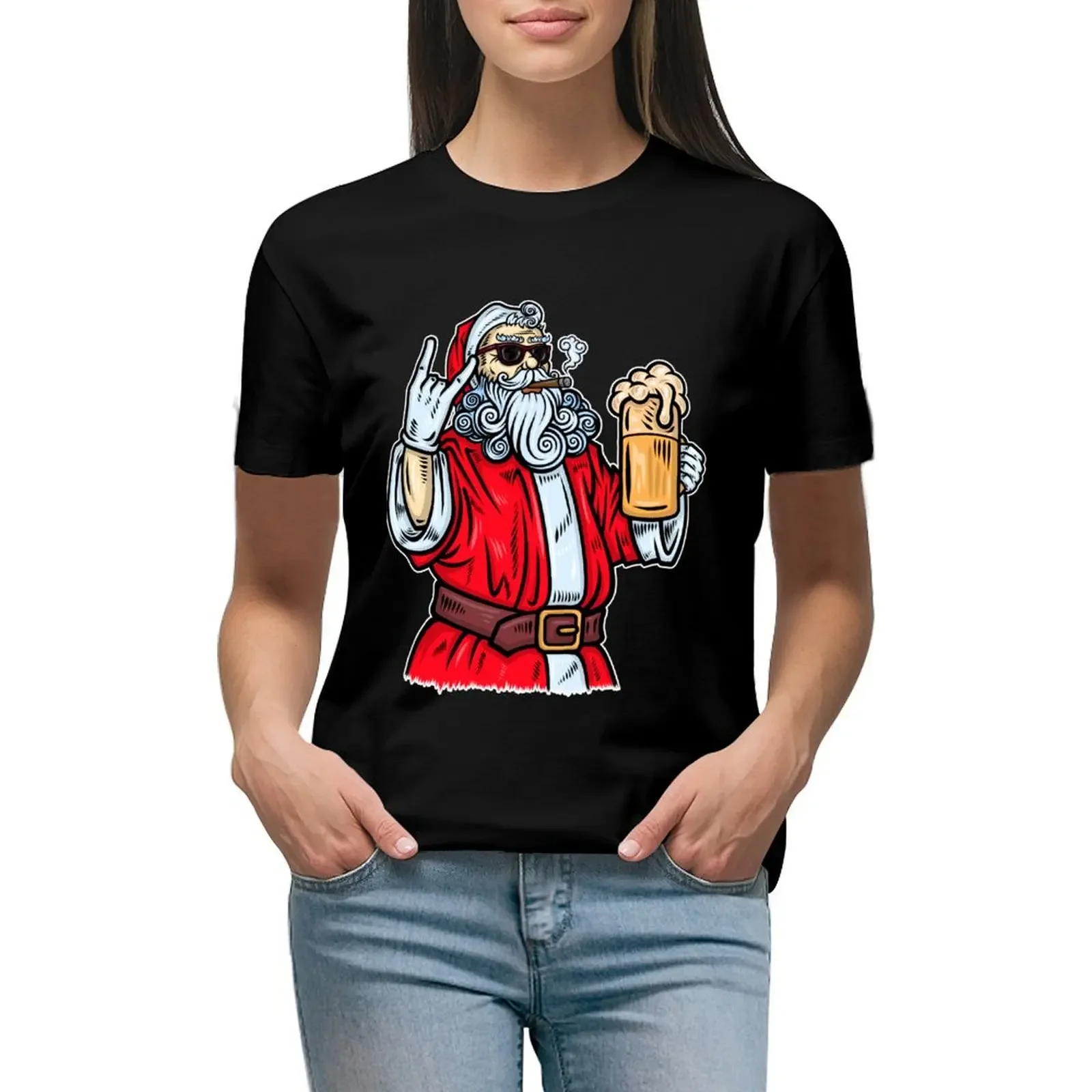 

Bad Santa Claus, Rock, Beer and Cigar T-Shirt hippie clothes plain quick-drying animal print shirt for girls clothes for Women