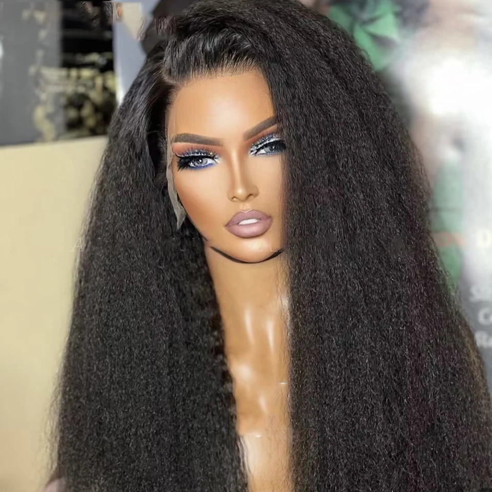 

Soft Long Glueless Yaki Natural Black 30Inch Kinky Straight Lace Front Wig For Women With Baby Hair Synthetic Preplucked Daily