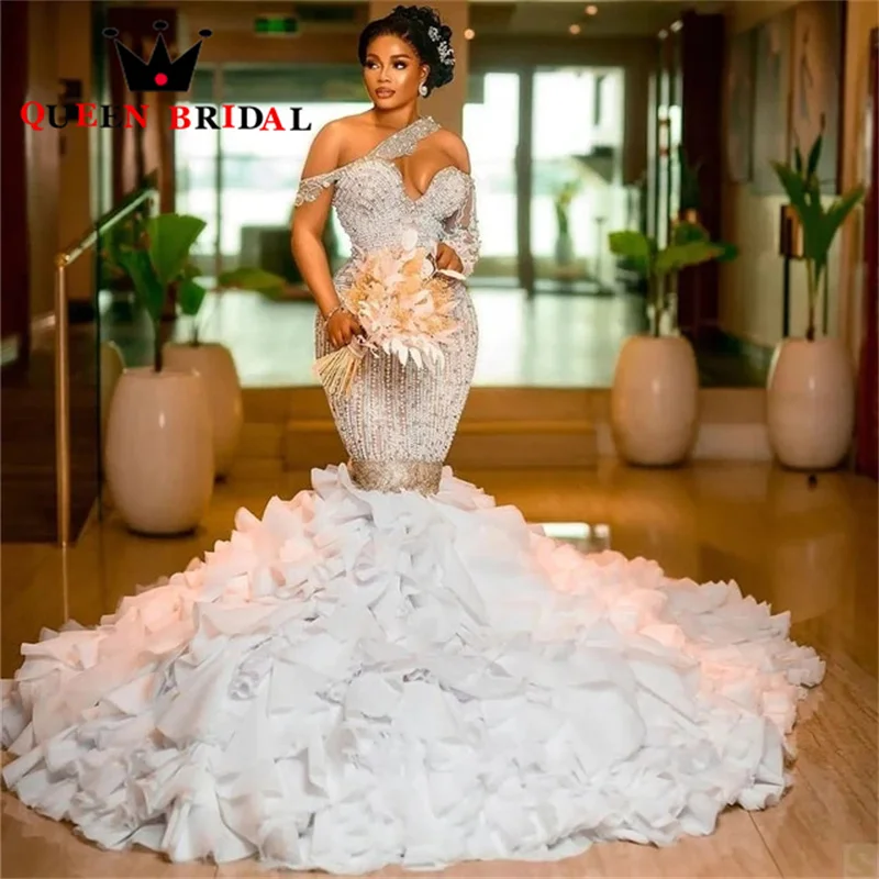 Abiti da sposa a sirena di lusso 2023 perle monospalla perline volant treno sirena abiti da sposa Vestidos De Novia Custom L14M