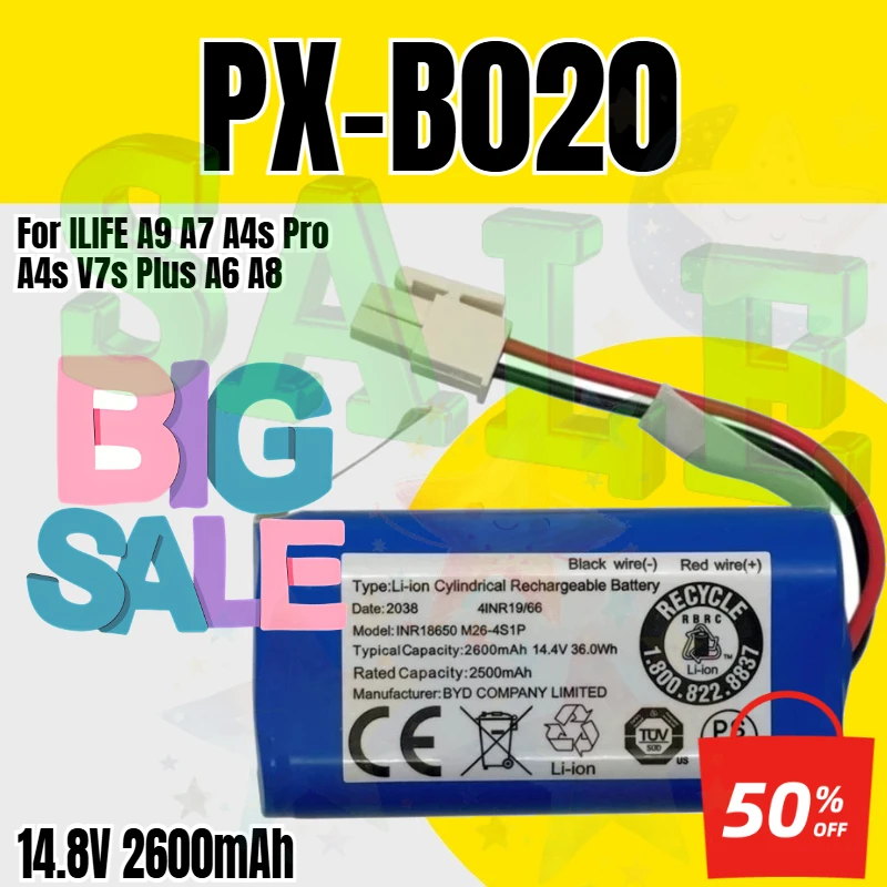 PX-B020 Battery Power Pack for ILIFE A9 A7 A4s Pro A4s V7s Plus A6 A8 Robot Vacuum Cleaner 18650 Battery 14.8V 2600mAh