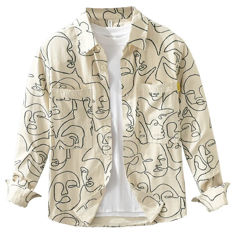 Japanese Fashion Men Long Sleeve Printed Shirt Spring Streetwear Men Top Literary Personality Clothing Pure Cotton Casual Shirts