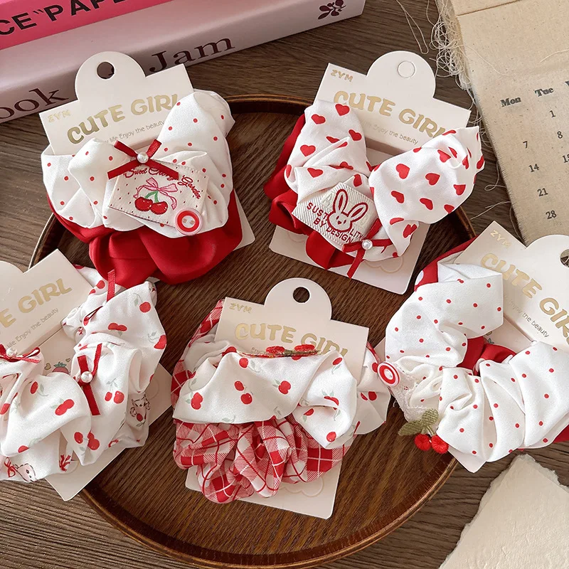 الحلو الأحمر Scrunchie 2 قطعة منقوشة النسيج القوس الشعر التعادل ل ذيل حصان عدم الانزلاق فقاعة الشعر التبعي الفتيات لطيف تنوعا