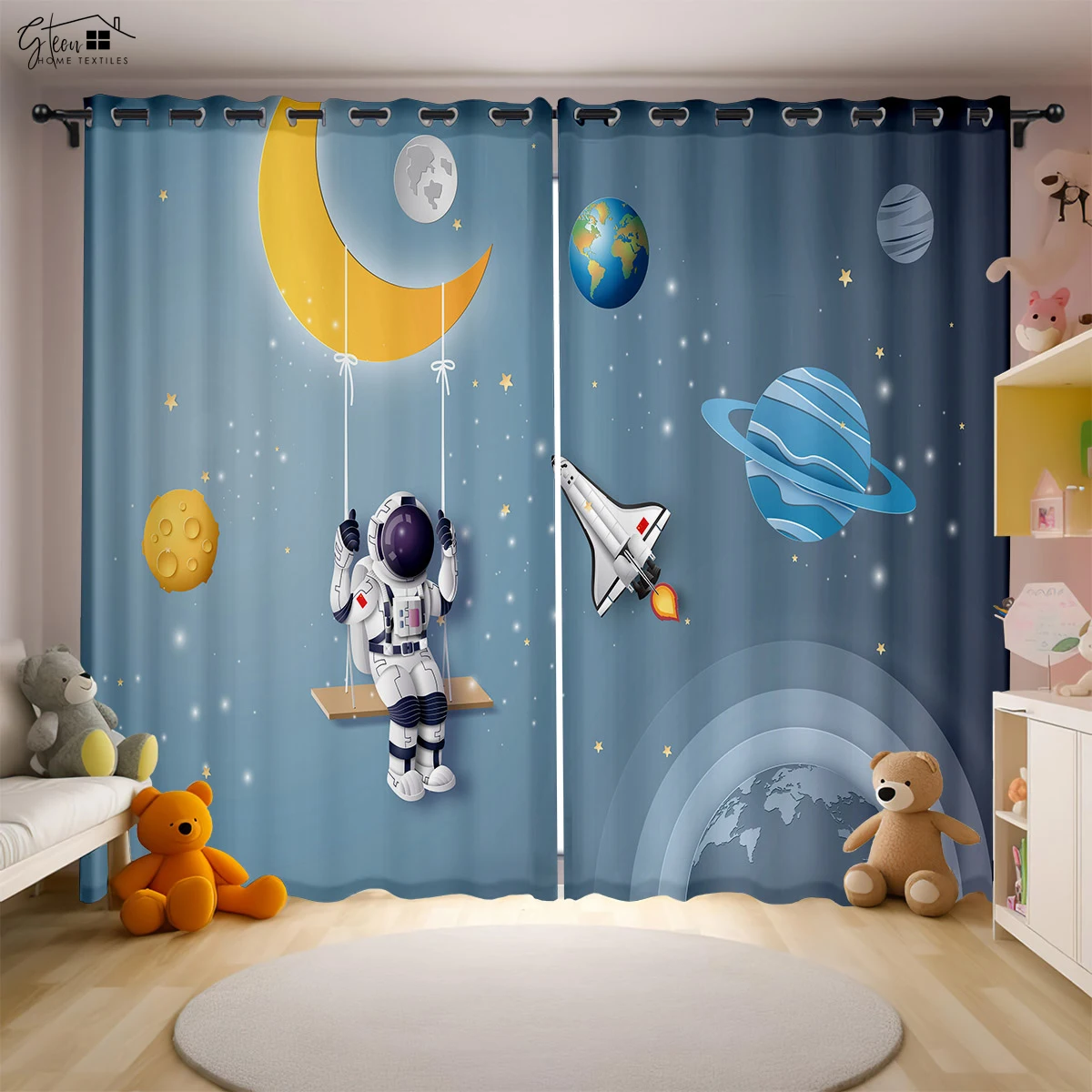 

Cartoon Universe 3D Printing Curtains Spaceman Astronaut Spaceship Rocket Planet Alien Bedroom Children's Room Curtains 2PCS