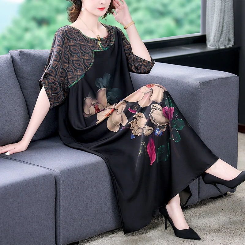 

2024 Women's Dress Silk Flower Print Retro Ladies Long Dress Loose Large O-Neck Thin Summer Slim A-line Dress Bohemian Robe