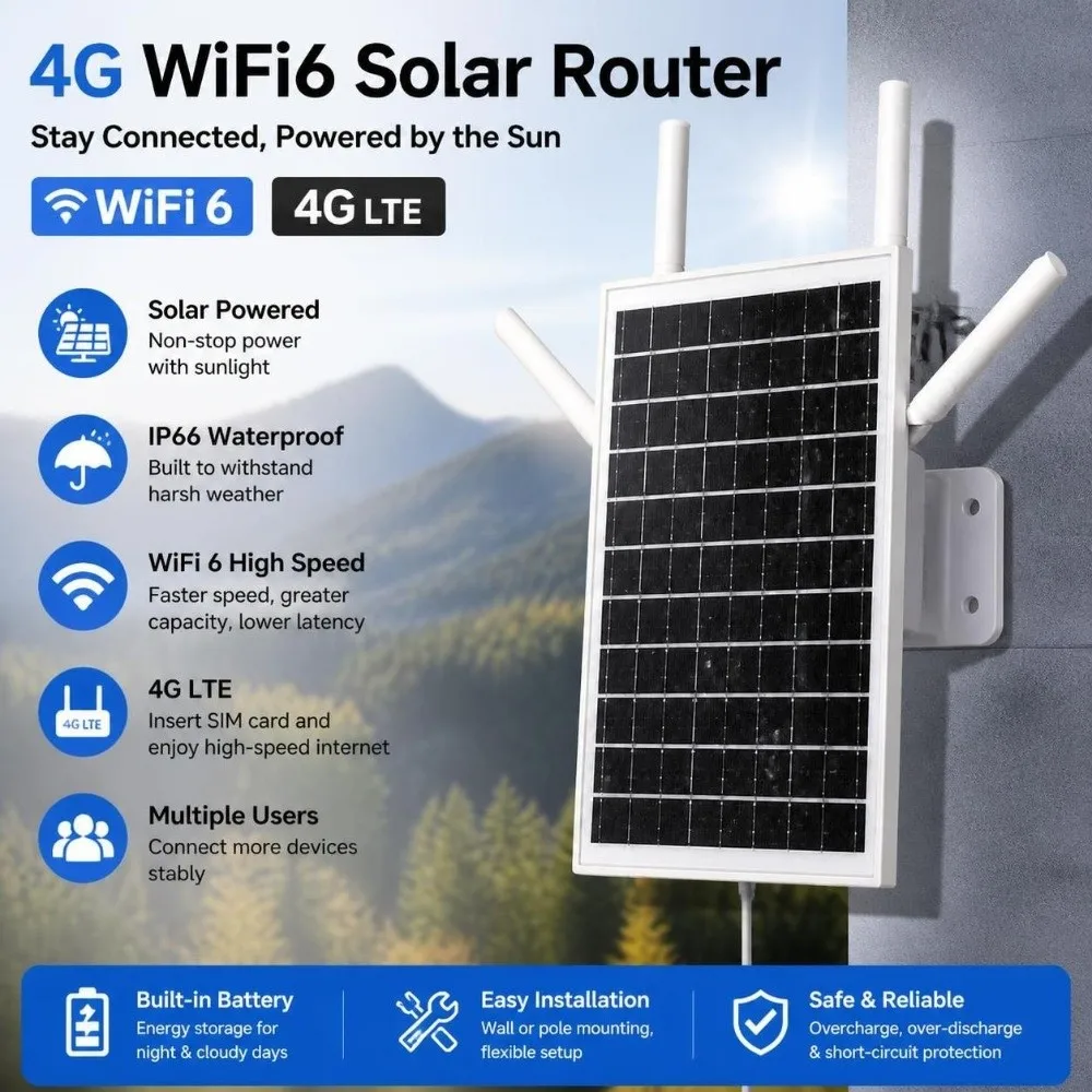 Waterproof 4G WiFi6 Solar Router 600Mbps Long Range 4G LTE WiFi Extender 18000mAh SIM Card WiFi6 CPE Router Camping Site