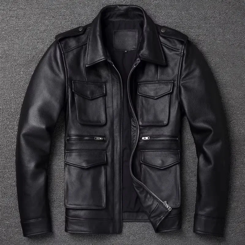 2024 New Black M65 Army Hunting Leather Jacket Men's Short Lapel Coat Top Layer Cowhide Motorcycle Casual Trend Leather Jackets