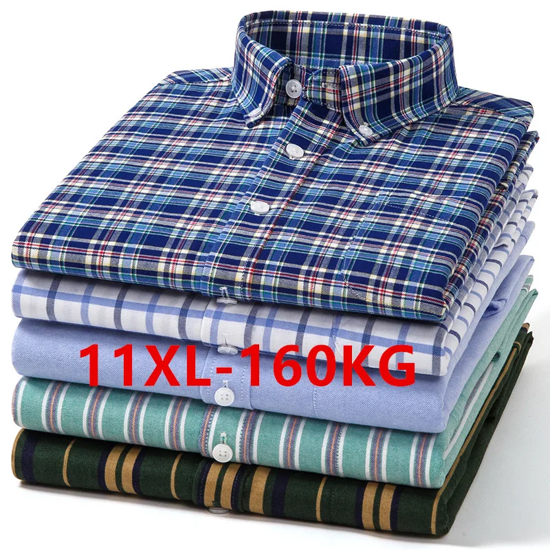 Plus Size 11XL 160KG Herren-Streifenhemd, Sommer, kurzärmelig, kariert, lässig, klassisch, 100 % Baumwolle, hochwertige Oxford-Kleidung, koreanische Kleidung