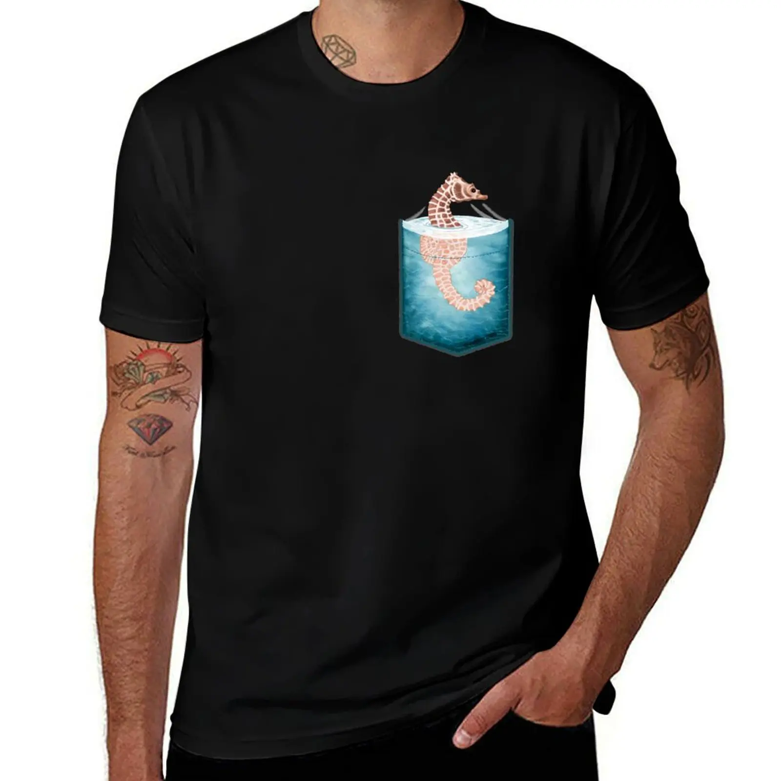

Карманная футболка с изображением морского конька, мужские хлопковые мужские футболки, высококачественная роскошная брендовая хлопковая футболка, футболка из 100% хлопка