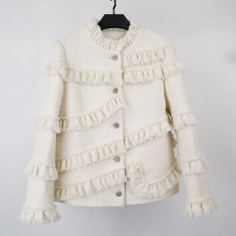 

White Tassels High Street Small Fragrant Lady Coat Irregular Wool Blended Casual French High-quality Long-sleeved Women Jacket