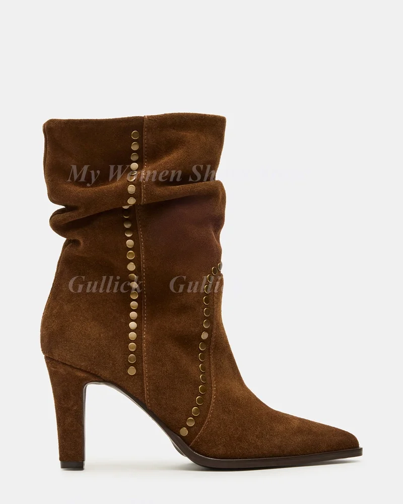 Rivet Suede Brown Ankle Boots Women Genuine Leather Block High Heel Slip On Trending Women Winter Booties 2026 Hot Sale Cowboy