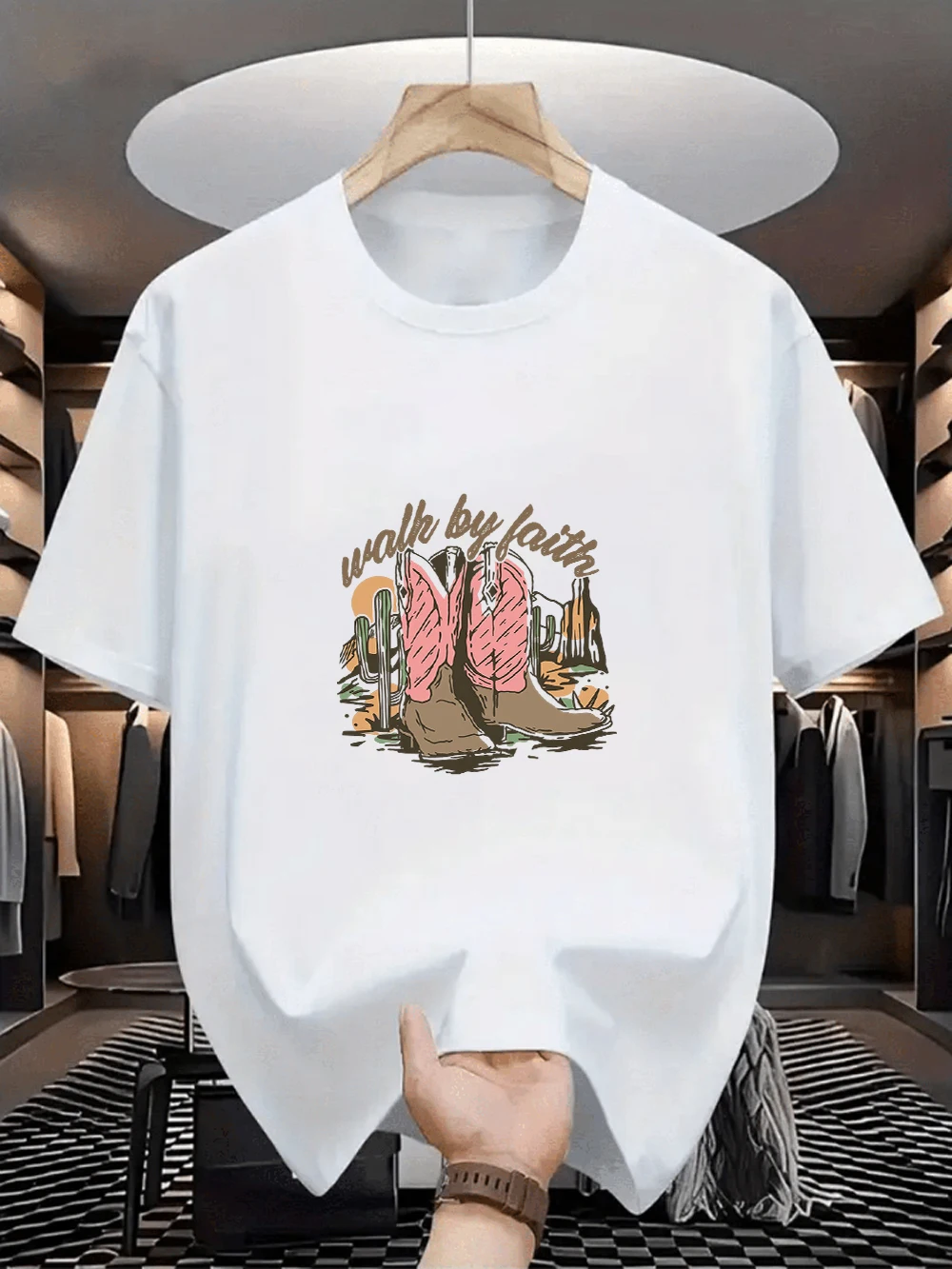 Oversized White Western Cowboy Graphic Print Casual Short Sleeve T-Shirt, Loose Crew Neck Tee for Country Music Fans