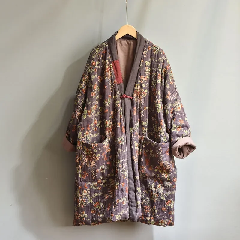 Abrigo largo de algodón con estampado Vintage para mujer, chaqueta acolchada de algodón, manga larga, Parka cálida con botones, ropa de invierno,