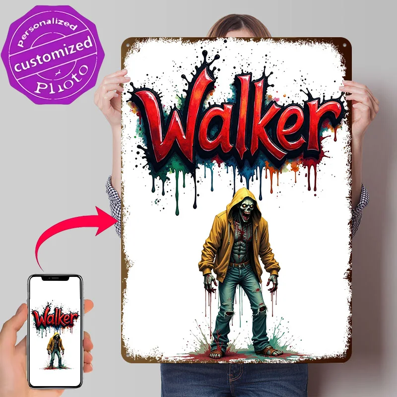 Zombie Walker With Graffiti Text 3D Texture Printed Poster Custom Vintage Metal Tin Plate Sign for Wall Art Home Decor Room Men