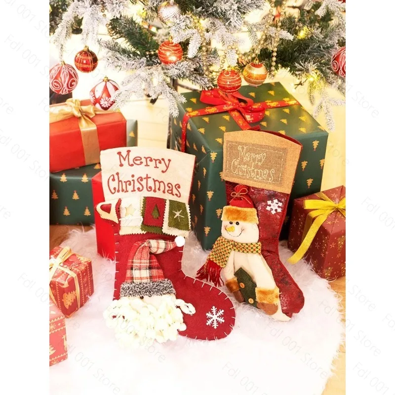 2pcs Christmas Stocking Gift Candy Bag Christmas Tree Hanging Ornament Scene Layout Xmas Decoration