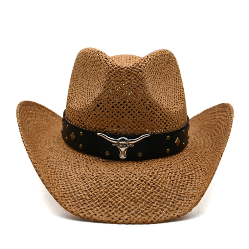 Retro Cow Head Leather Women Men Breathable Hard Straw Riding Wide Brim Outdoor Beach Cowboy Cowgirl Western Sun Hat Sunscreen