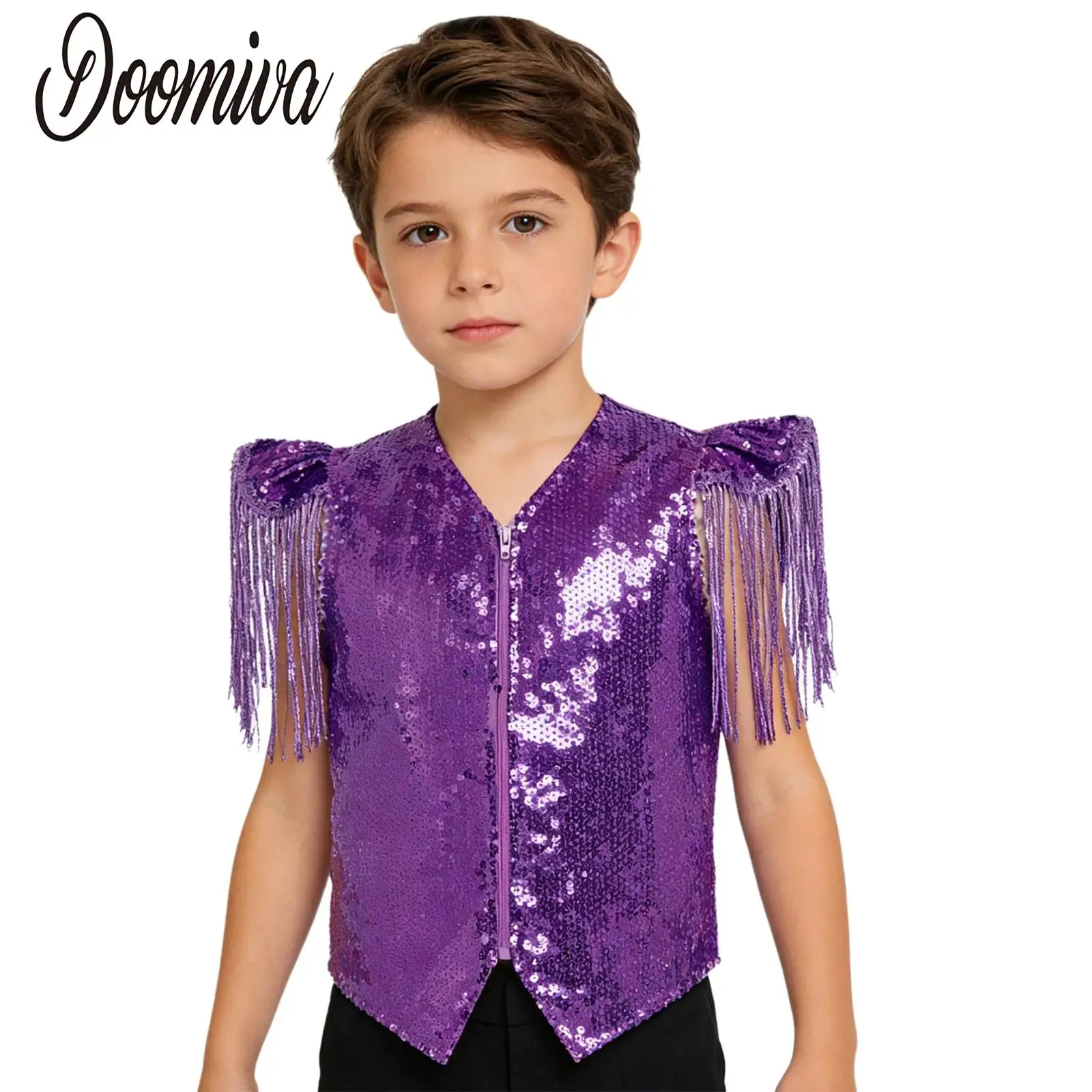 

Kids Boys Girls Sequin Metallic Disco Jazz Tango Vest Sequined Tassels Cap Sleeves Zipper Waistcoat Team Performance Dancewear