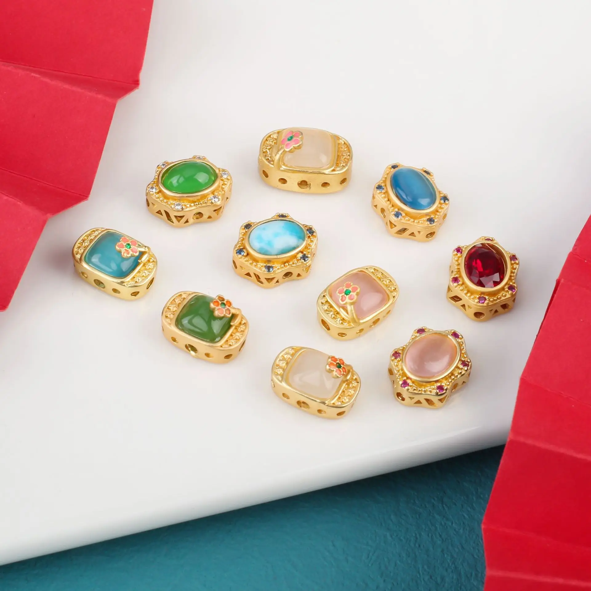 7pc Copper Plating Hollow Multi-pass Ring Inlaid Cat's Eye Stone Spacer Beads Diy Bracelet Necklace Jewelry Accessorie Wholesale