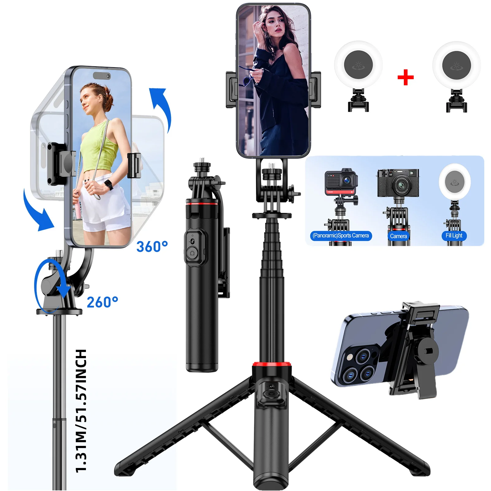 Treppiede portatile da 1310MM per telefono treppiede Wireless per Selfie Stick con Clip per telefono staccabile con luce remota 1/4 vite per