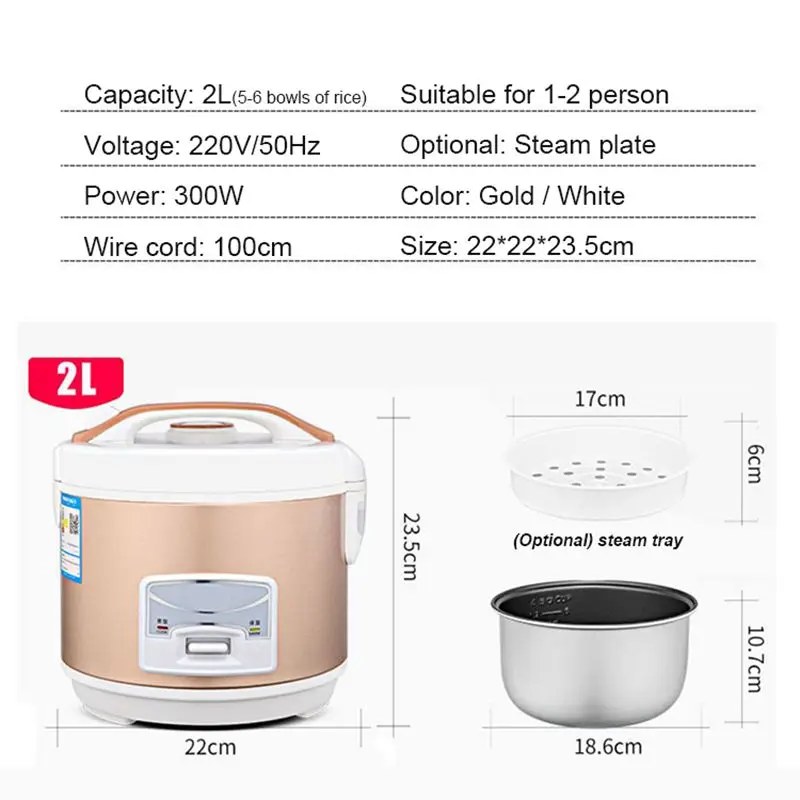 2L Electric Rice Cooker Food Steamer Multicooker Porridge Cake Maker Stew Pot Breakfast Machine Portable Lunch Box 220V