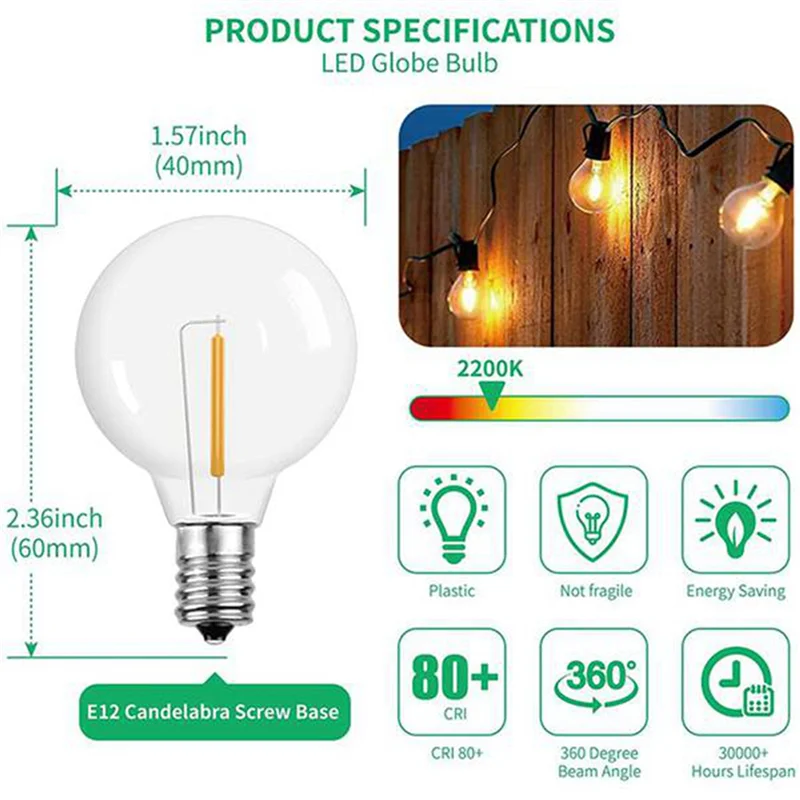 

ABUP-9Pcs G40 LED Replacement Light Bulbs, E12 Screw Base Shatterproof LED Globe Bulbs For Solar String Lights Warm White