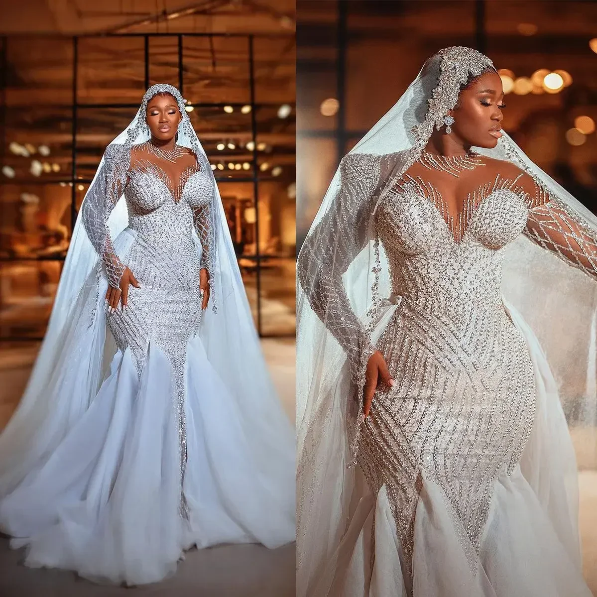 Ilusão personalizada alta pescoço contas completas lantejoulas sereia vestidos de casamento com overskirt de tule mangas completas vestido de noiva africano