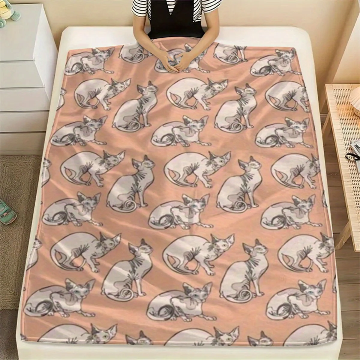 Hairless Sphynx Cats Blanket Aesthetic Repeating Sketch‑Style Sphynx Kitten Illustration On Warm Apricot Base Soft Flannel