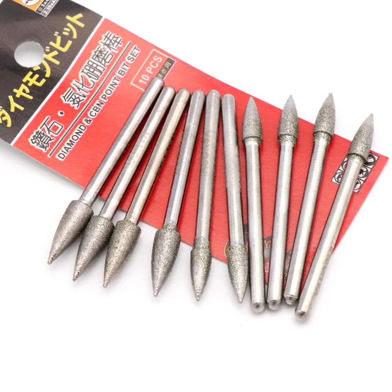 5pcs 4mm 5mm 8mm Diamond & CBN Grinding Head Burr Point Bit 3mm Shank Carving Engraving Bit Bullet Shaped for Dremel Rotary Tool