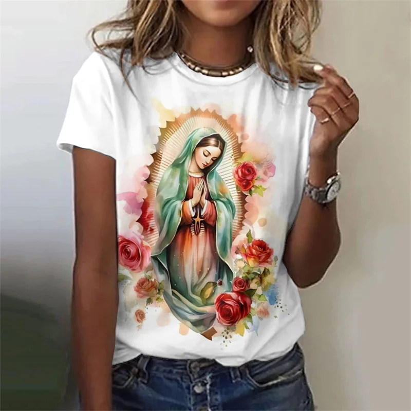 Camisetas con estampado de la Virgen María para mujer, camiseta informal con cuello redondo y estampado 3D de Nuestra Señora de Guadalupe, camisetas Harajuku Y2k, ropa femenina