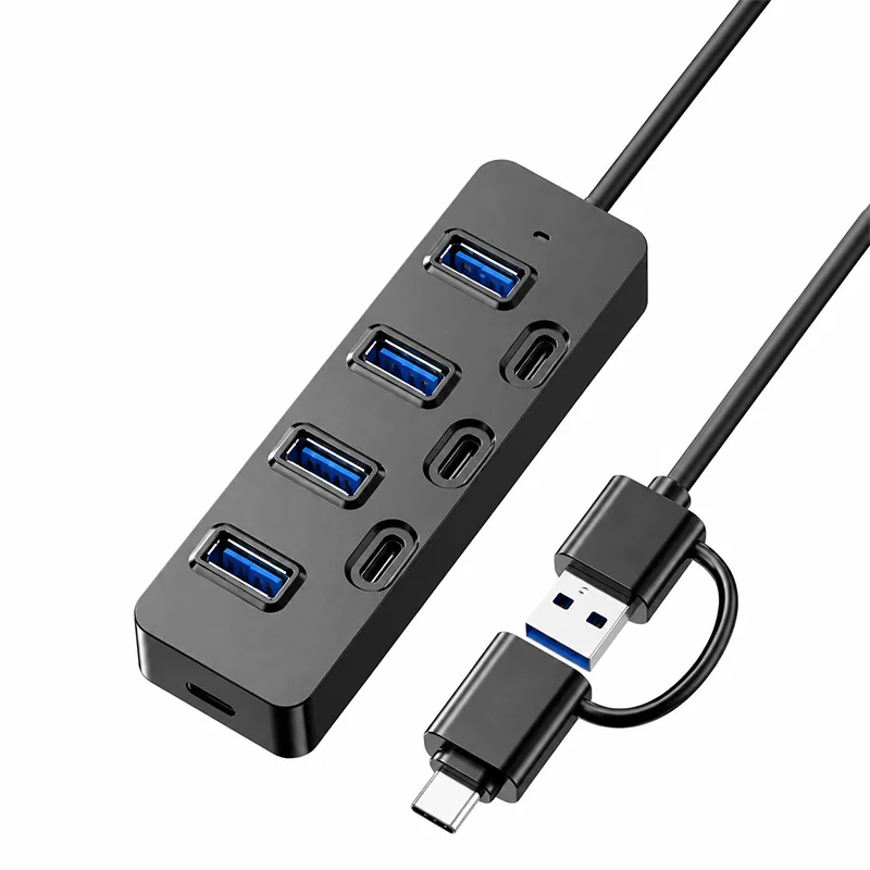 7-poorts USB 3.0 hub met 28 cm kabel voor desktops, USB-splitter 5Gbps multiport adapter, 4 USB-A en 3 USB-C hubs voor pc, laptop, MacBook, drive, muis