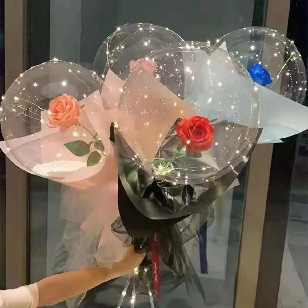 LED Luminous Balloon Rose Bouquet Transparent Bobo Ball Rose Valentines Day Gift Birthday Wedding Holiday Party Decor Balloons